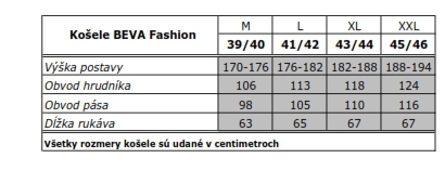 Tabuľka mier košele BEVA Fashion - slim strih