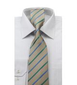 Béžová kravata s prúžkami modrými a zelenými